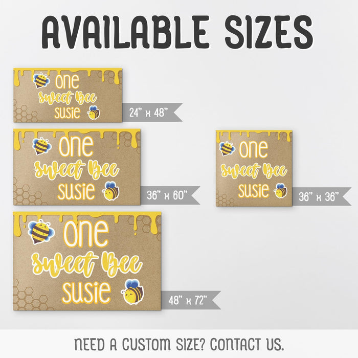 Size guide graphic showing available printed banner dimensions including 24x48, 36x60, 48x72, and 36x36 for the birthday backdrop.