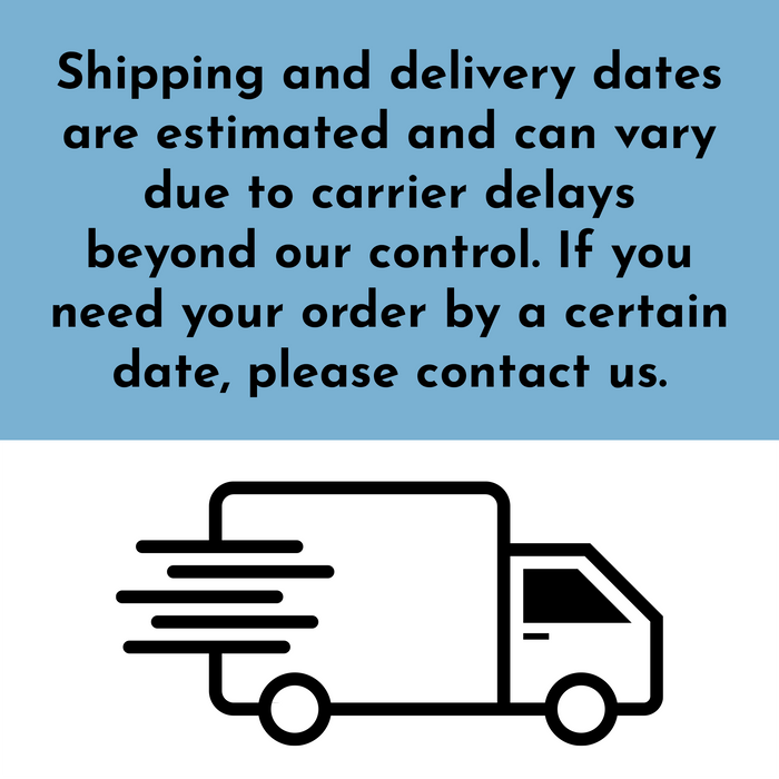 The image is a shipping and delivery information graphic that provides details about shipping and delivery dates, carrier delays, and contact information.