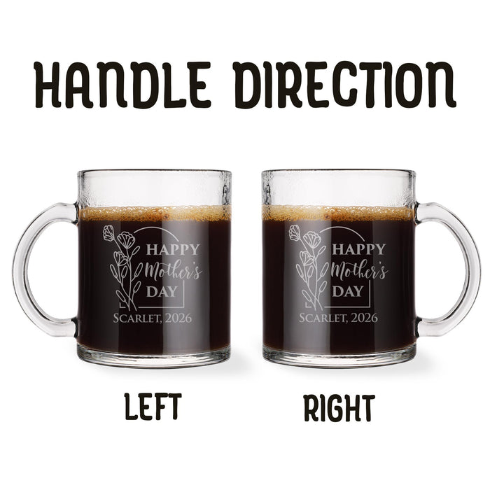 Two identical glass mugs with the text engraved on them. Each showcasing handle direction, LEFT or RIGHT.