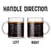 Two identical glass mugs with the text engraved on them. Each showcasing handle direction, LEFT or RIGHT.