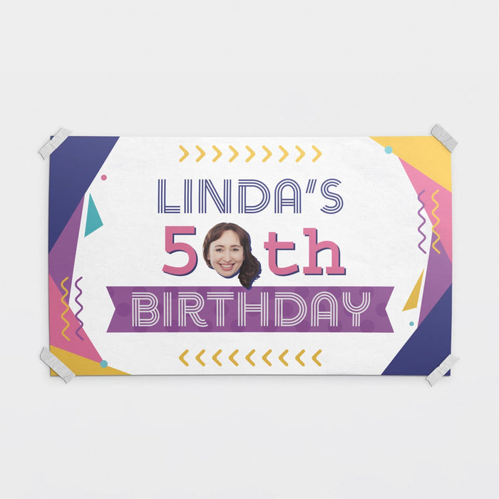 Personalized retro 80s birthday banner featuring a custom name, age, and optional face cutout inside the birthday number.