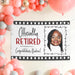 Personalized retirement banner displayed as a party backdrop surrounded by festive balloons. Custom retirement decoration designed for retirement celebrations and farewell parties.