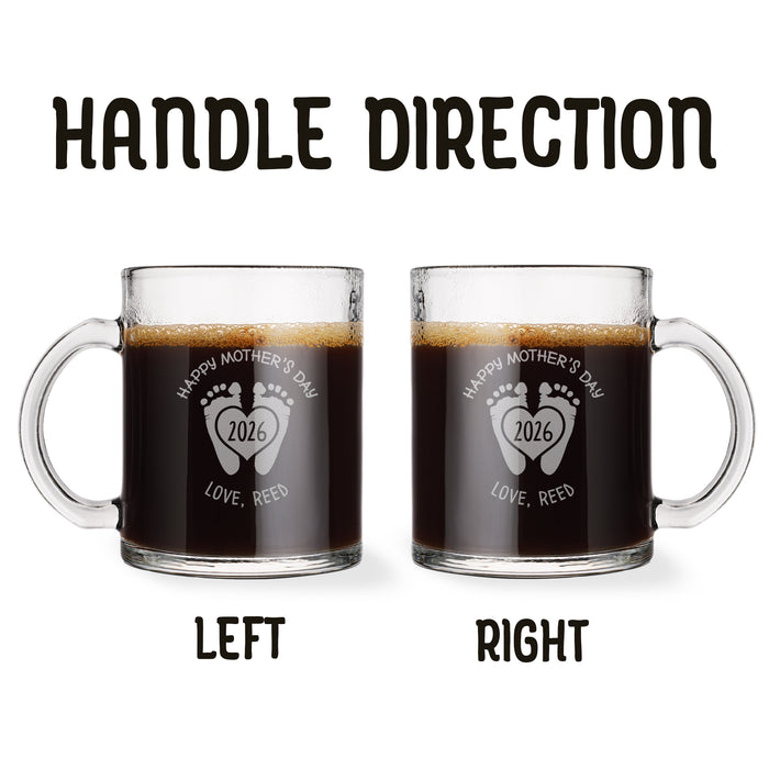 Two identical glass mugs with the text engraved on them. Each showcasing handle direction, LEFT or RIGHT.