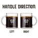 Two identical glass mugs with the text engraved on them. Each showcasing handle direction, LEFT or RIGHT.