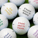Multiple white custom text golf balls are shown printed with different texts and colors.