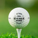Personalized retirement golf ball featuring the "Not My Problem Anymore" design with a custom name and retirement year. Displayed on a golf tee in grass.
