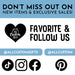 Promotional graphic encouraging customers to favorite and follow the shop on social media platforms.