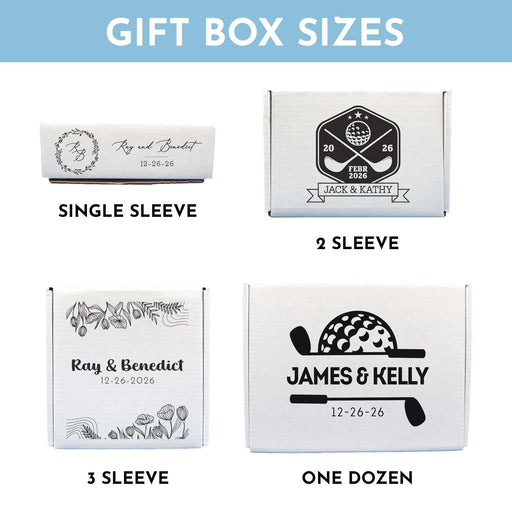 Size chart showing the four available gift box options: Single Sleeve, 2 Sleeve, 3 Sleeve, and One Dozen. Designed to fit standard golf ball packaging.