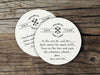two white coasters on brown wooden table with personalized custom advice for the bride and groom name designs with handwritten message