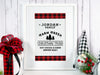 Farm Fresh Christmas Trees design shown as digital download. Design has red and black plaid border with the black text, Jordan Family Farm Fresh Christmas Trees Hot Cocoa & Cider Served Daily. Design is shown in a white picture frame.