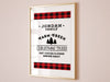 Farm Fresh Christmas Trees design shown as digital download. Design has red and black plaid border with the black text, Jordan Family Farm Fresh Christmas Trees Hot Cocoa & Cider Served Daily. Design is shown in a brown wooden picture frame.