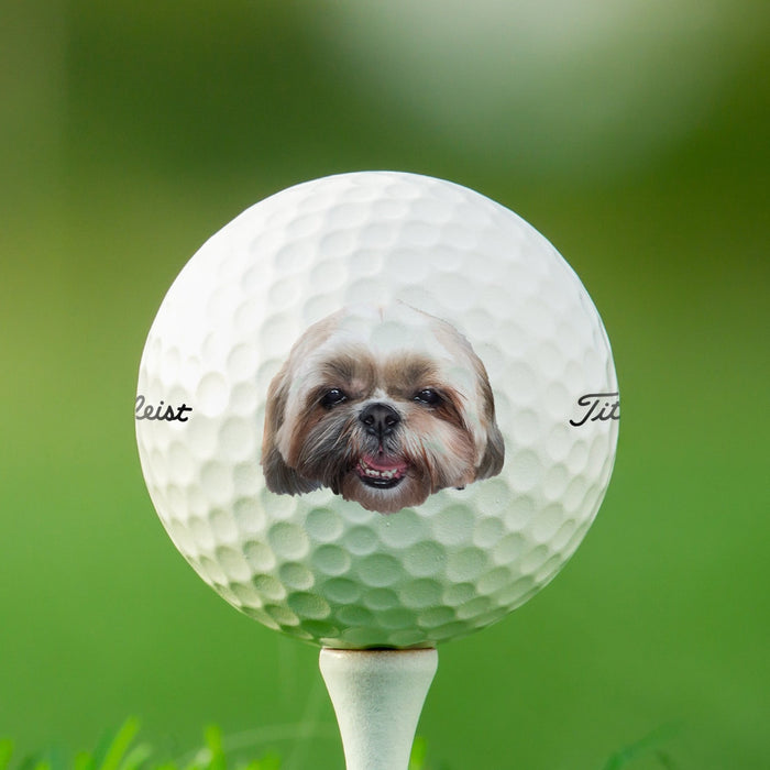 A golf ball with dog is printed on it. The ball is shown on top of a white golf tee against a grass green background.