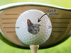 Text: Your Pet Here Image: A photo golf ball is shown sitting on a golf tee. The ball has a guy with glasses and a party hat printed on it.