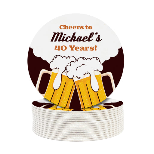A single coaster is shown on top of a stack of coasters against a white background. Coasters say Cheers to Michael's 40 Years!