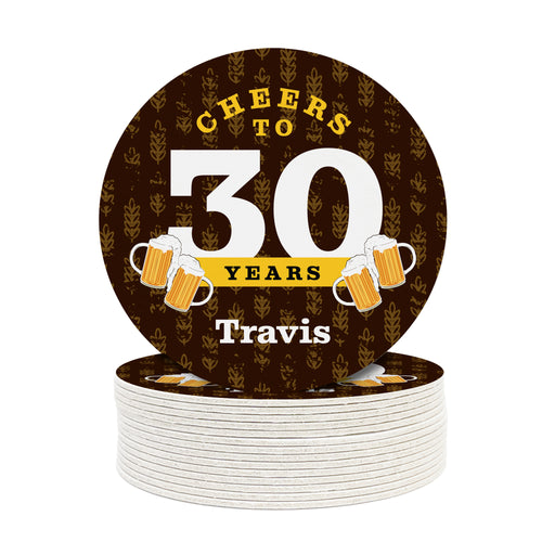 A single coaster is shown on top of a stack of coasters against a white background. Coasters say Cheers to 30 Years, Travis!