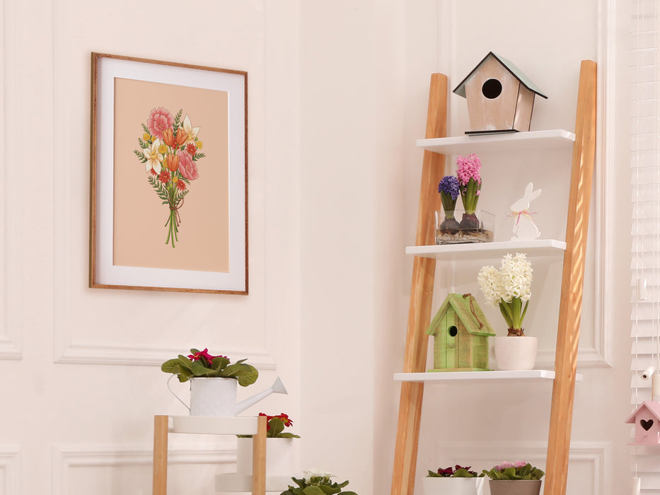 pastel easter print featuring a spring bouquet of colorful flowers in a wooden frame on white wall in living room surrounded by easter decor such as potted plants, flowers, and bird houses,