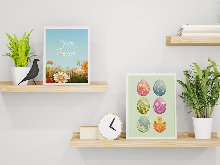two easter prints in white frames on wooden shelves surrounded by decor such as potted plants, books, a clock, etc on white living room wall