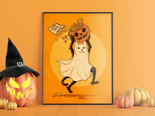 Halloween cat art poster in frame depicting black ghost cat stealing pumpkin with candy with an  "Only take one" sign in front of an orange wall surrounded by different pumpkins and jack o lanterns