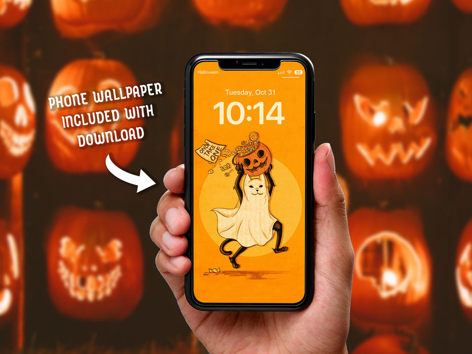 Phone Wallpaper Included with Download  Image of hand holding phone with wallpaper of an orange art of black cat dressed as a ghost running with a pumpkin bucket filled with candy with sign that says only take one. background has jack o lanterns