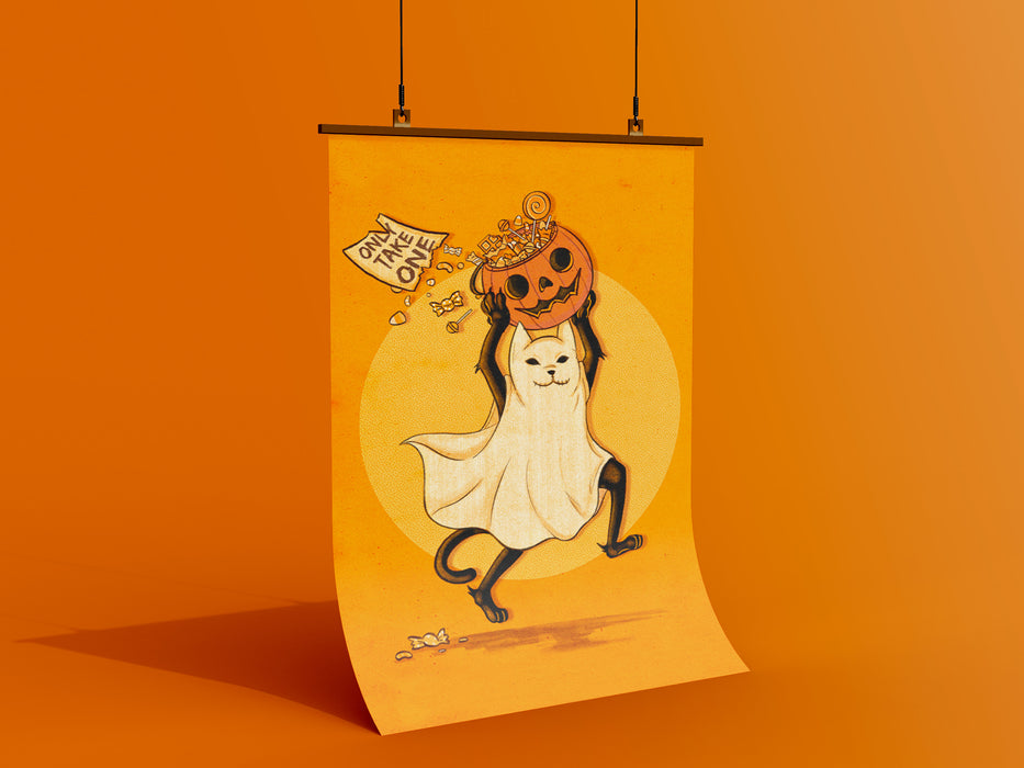 orange background with single poster of halloween retro vintage art of black cat dressed as a ghost running with a pumpkin bucket filled with candy with sign that says only take one,