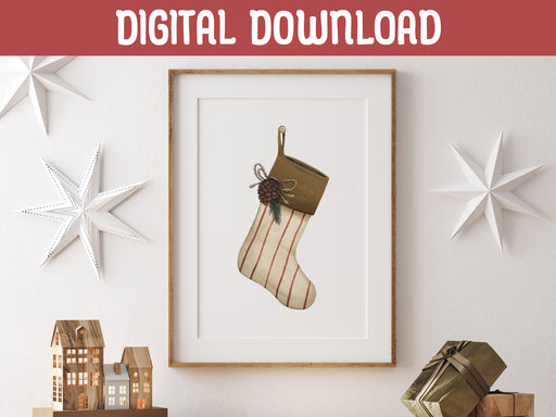 digital download: wooden frame hanging over wooden counter with christmas print of a rustic stocking surrounded by holiday decor such as white stars, mini wooden houses, and wrapped gifts