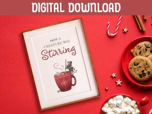 digital download wooden frame ontop of red background with christmas print of mouse stirring hot cocoa surrounded by hot chocolate, chocolate chip cookies, candy canes, cinnamon, and wooden stars, with red plates and mugs