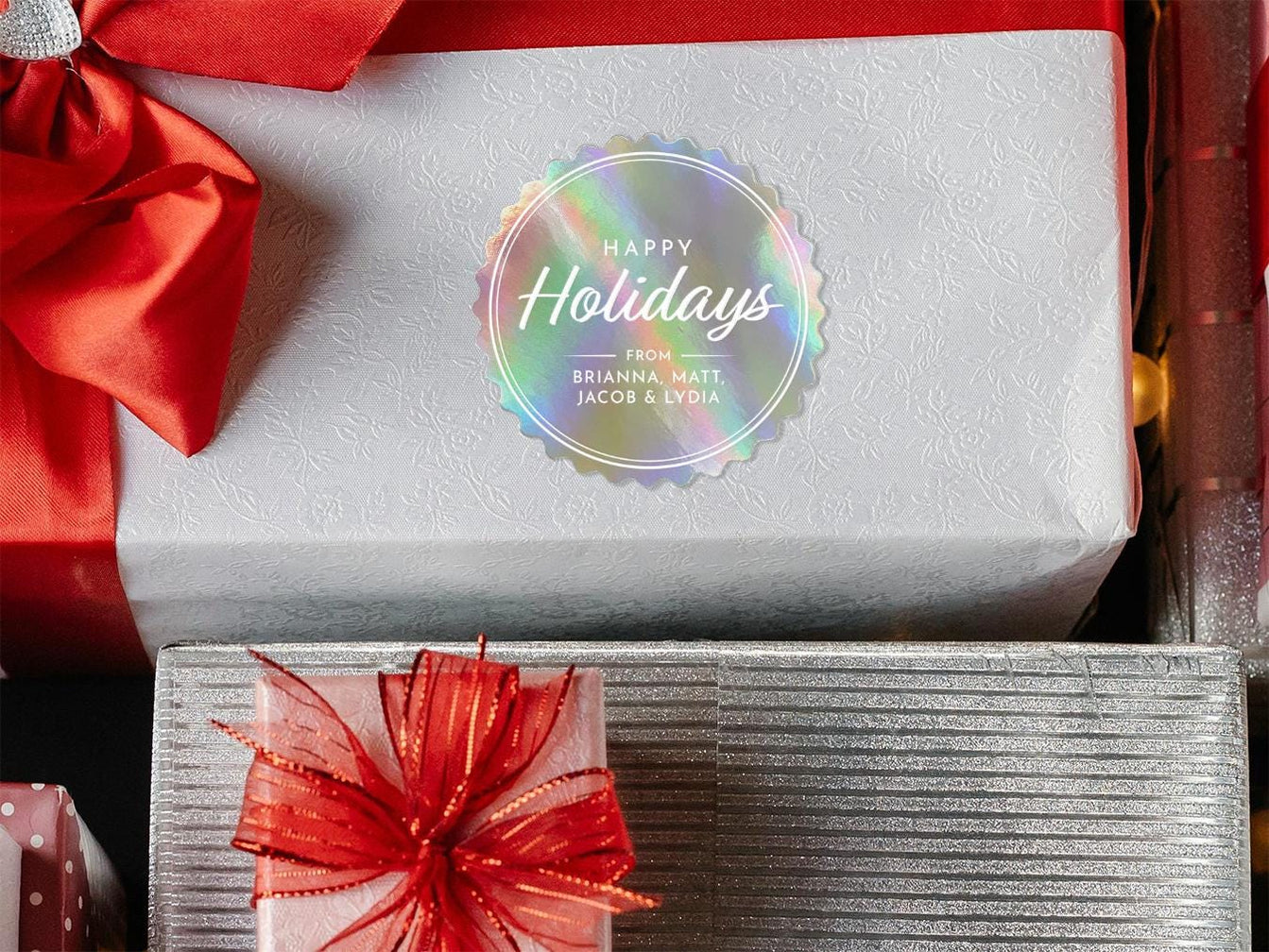 Happy Holidays Rainbow Foil Round Gift Tag — All Custom Gifts