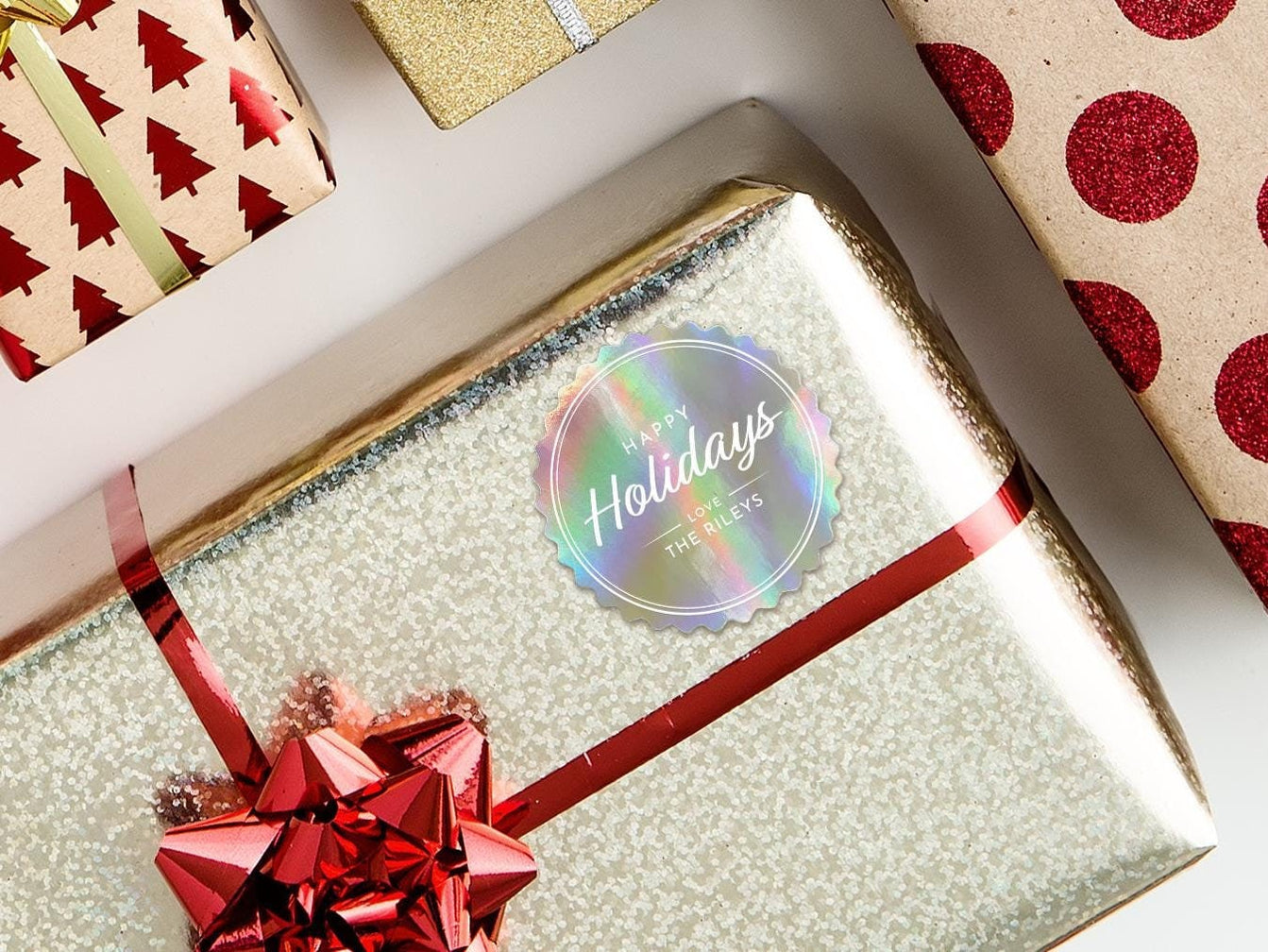 Happy Holidays Rainbow Foil Round Gift Tag — All Custom Gifts
