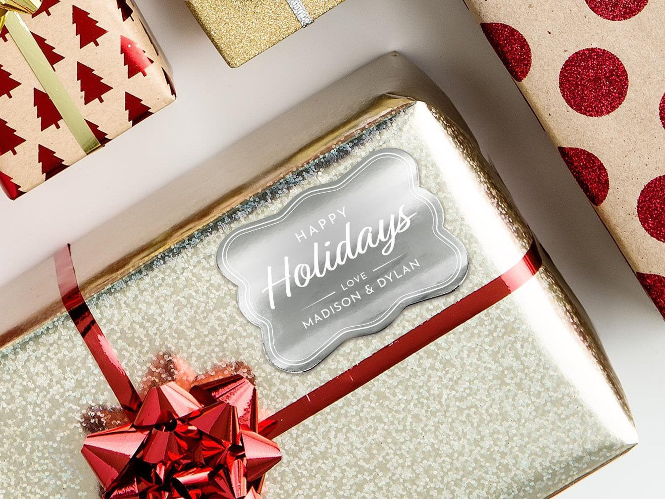 Happy Holidays Silver Foil Rounded Rectangle Gift Tag — All Custom Gifts