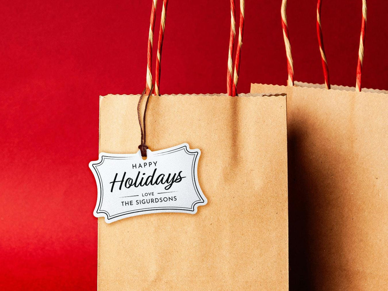 Happy Holidays White Glitter Slim Rectangle Hang Tag — All Custom Gifts