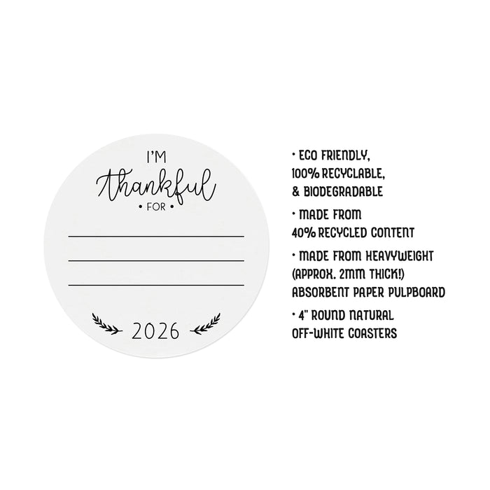 Single coaster sits on top of a stack of coasters. -Eco Friendly, 100% recyclable, & biodegradable -Made from 40% recycled content -Heavyweight (approx. 2mm thick!) absorbent paper pulpboard -4 inch round natural, off-white coasters