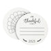 Front and back of coasters shown on a white background. Front of coasters show the text I'm thankful for, has lines for writing in a response, and current year. Back of round coasters feature a turkey illustration.