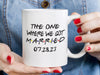 Lady with red nail polish and denim button up holding a white mug with Friends typography design that says A couple holding 2 white mugs close together with Friends Themed design typography that says The One Where We Got Married 07.28.23