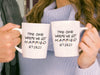A couple holding 2 white mugs close together with Friends Themed design typography that says The One Where We Got Married 07.28.23