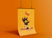 orange background with single poster of halloween retro vintage art of black cat zombie mummy coming from the ground reaching at a piece of candy
