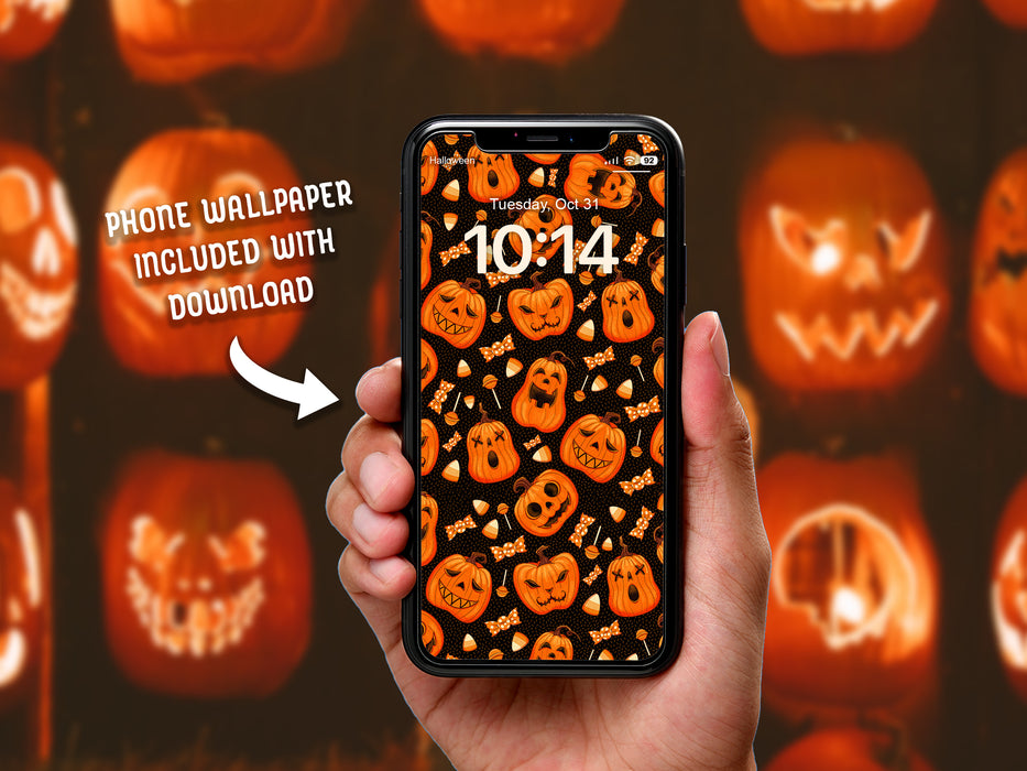 Phone Wallpaper Included With Download  Hand holding a phone against a jack o lantern background with wallpaper Lock Screen of halloween pumpkin and candy corn pattern