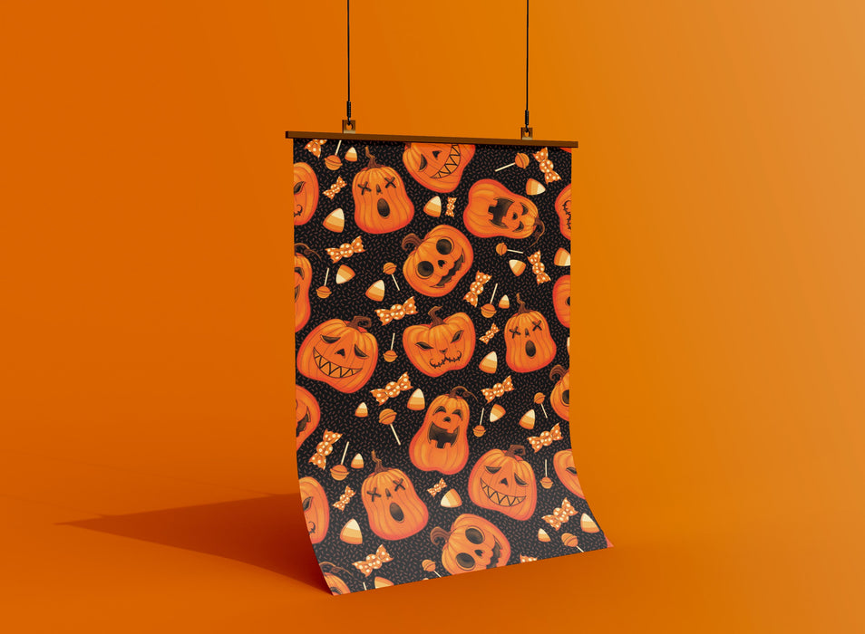 orange background with single poster of halloween retro vintage art of a pumpkin pattern with jack o lanterns with different faces and candy candy corn pattern