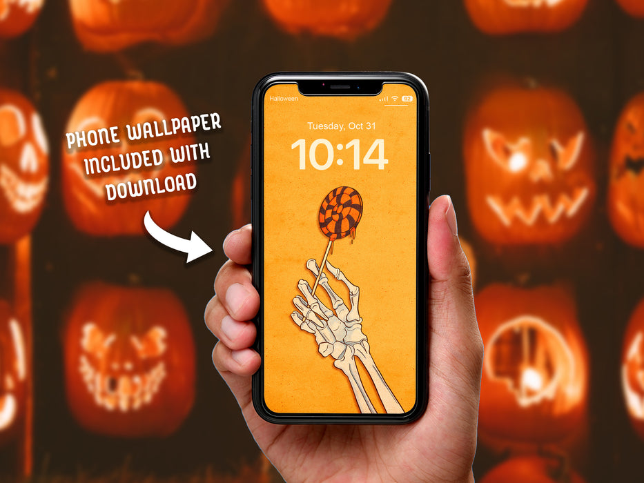 Phone Wallpaper Included with Download  Hand holding a phone displaying lock screen with halloween wallpaper of a retro vintage skeleton hand holding a black and orange lollipop against a yellow background in front of rows of jack o lanterns