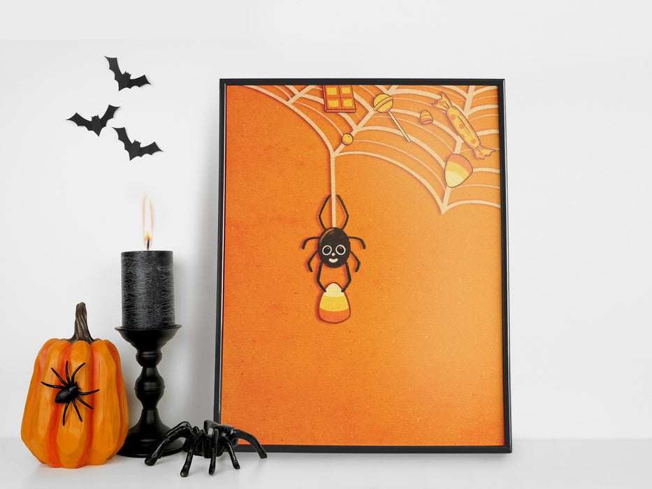 single frame of halloween vintage retro art of a spider holding a candy corn with a web full of candy against a while wall ontop of a white countertop surrounded by halloween decoration such as bats, spiders, candles etc