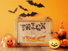 single wooden frame with halloween trick or treat typography print against orange wall surrounded by spider, jack o lanterns, witch hat decor