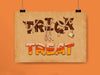 orange background with single poster of halloween retro vintage art of a trick or treat typography design with candy and wood font