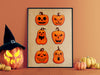 Single framed wall art of retro vintage halloween print of grids of pumpkins with different faces against an orange background surrounded by pumpkins and a jack o lantern with a witches hat