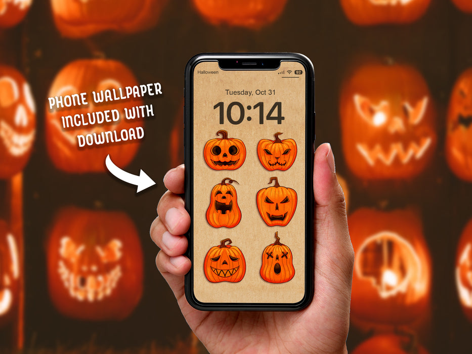 Phone Wallpaper Included with Download  Hand holding phone displaying lock screen with retro vintage halloween wallpaper of grids of pumpkins with different faces against a background of jack o lanterns