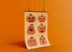 orange background with single poster of halloween retro vintage art of a grid of jack o lantern pumpkins with different faces with throwback patterns and textures,