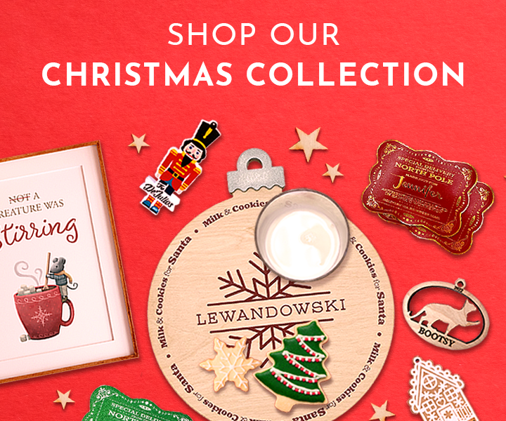 Text: Shop our Christmas Collection Image: Various items from our Christmas collection can be seen on a red background. A Christmas mouse art print, Santa gift tags, a custom milk and cookies tray, wooden stars, and custom ornaments are placed across the image.