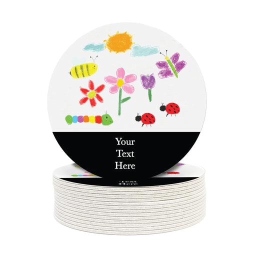 round paper coasters with kids artwork and custom text printed on the coasters text says Your Text Here!