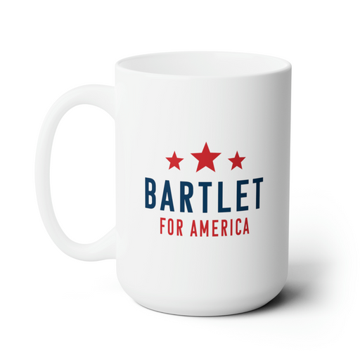 white mug with red white and blue American design with typography that says Bartlet for America