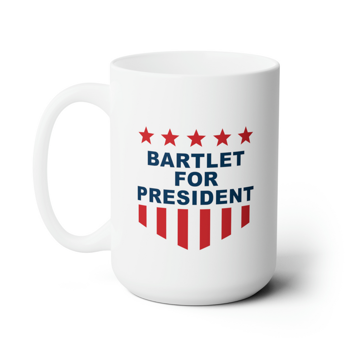 white mug with red white and blue American design with typography that says Bartlet for president with Stars and Stripes