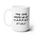 white mug on white table with friends design typography that says The One Where We Got Married 07.28.23