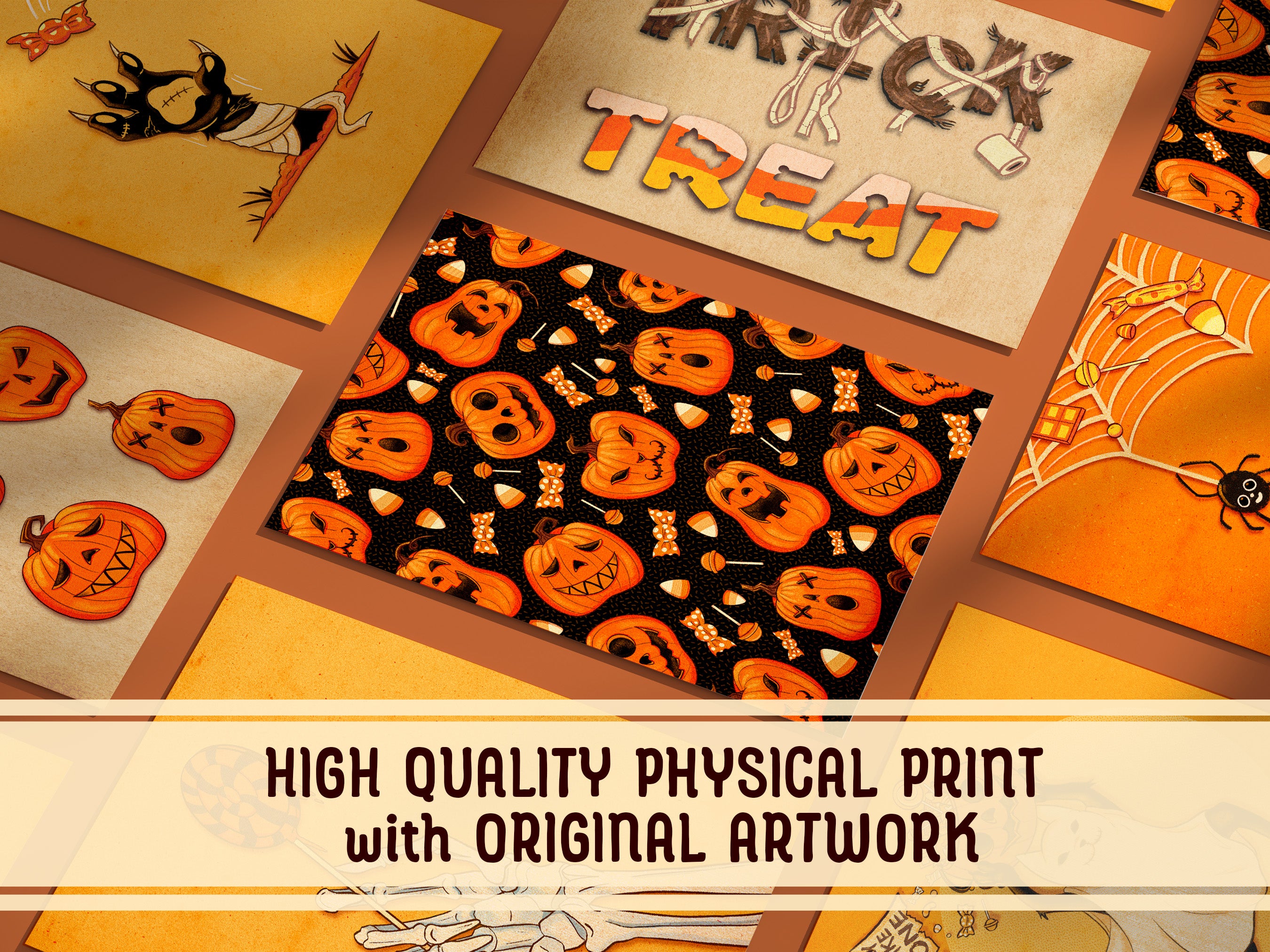halloween pumpkin pattern art print within elegant black frame in front of black wall sitting ontop of brown counter surrounded by halloween decor such as candles, papers, potted plant, and a black skull